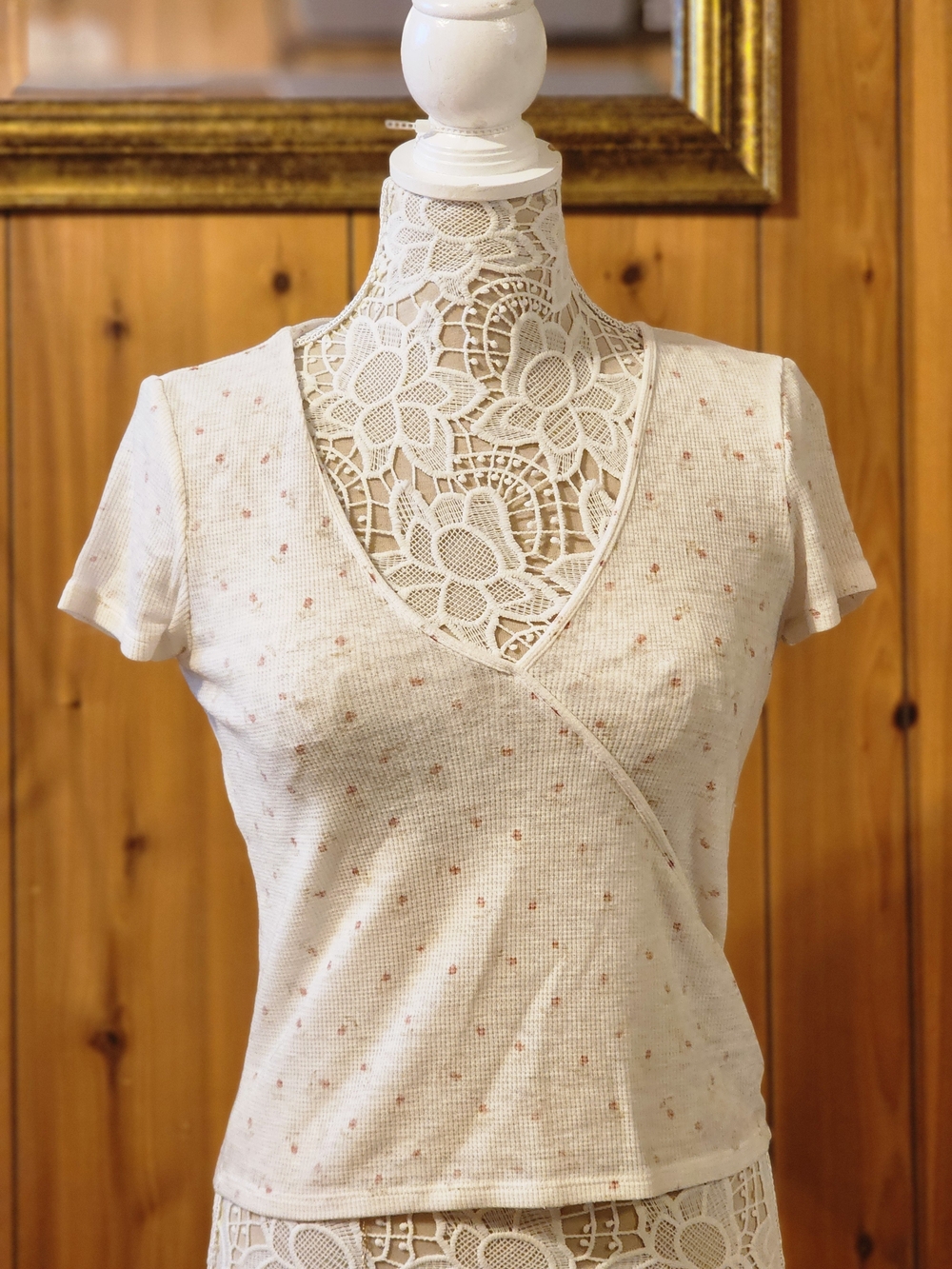 American Eagle Outfitters Cream Short Sleeve Wrap Top with Pink Dot Print